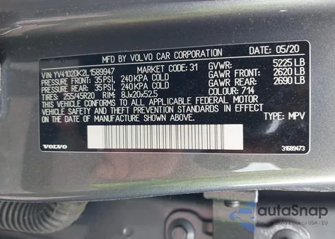 2020 Volvo Xc60 T5 Momentum from USA, damaged, VIN YV4102DK2L1589947